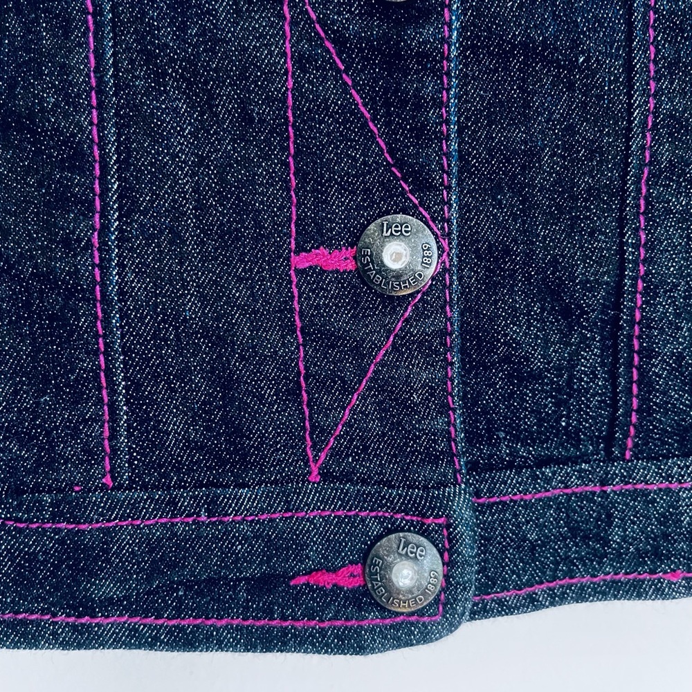 Vintage Y2K Lee Jeans Baby Girl Denim Vest, Rhinestone Buttons, Pink Stitching - Picture 6 of 12